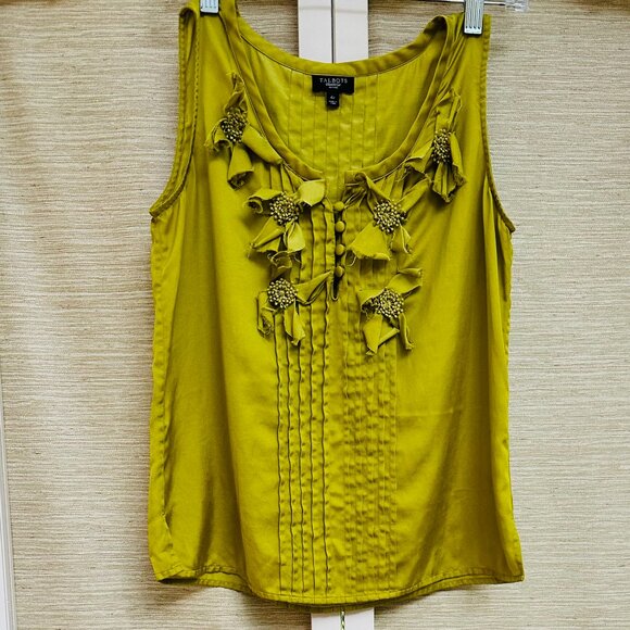 Talbots Green Silk Shell Top Flowers Sleeveless Celery Light Green Size 4P Cami - Picture 1 of 7